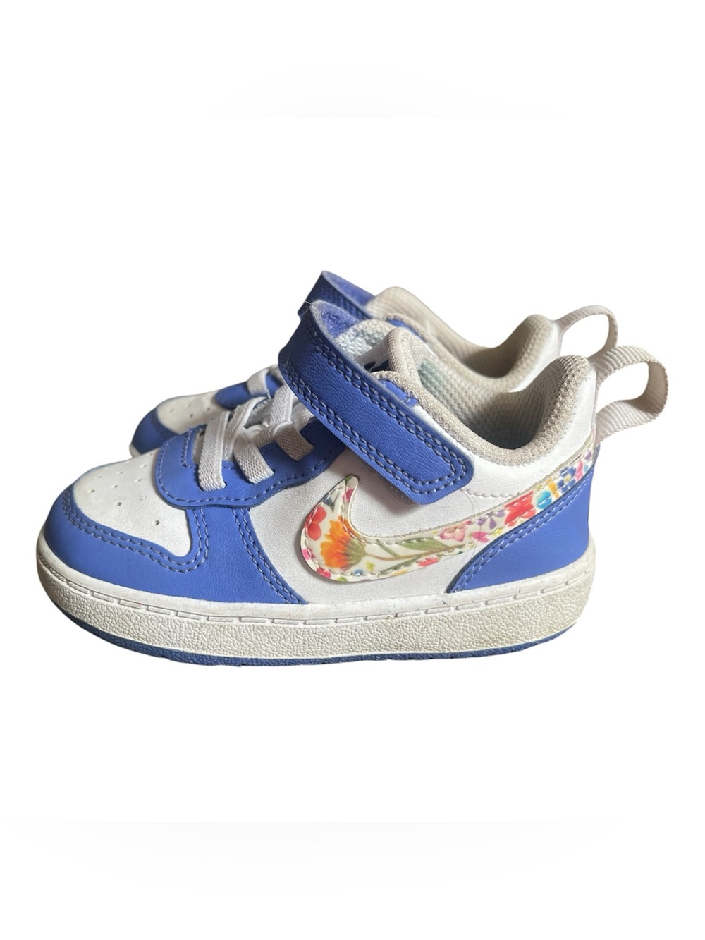 Nike Kids White and Blue Sneakers with Floral Swoosh